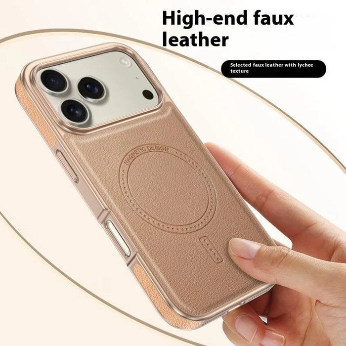 For iPhone 17 Pro Max Magnetic Case Electroplating Edge PU + TPU + PC Phone Cover - Desert Gold - 7