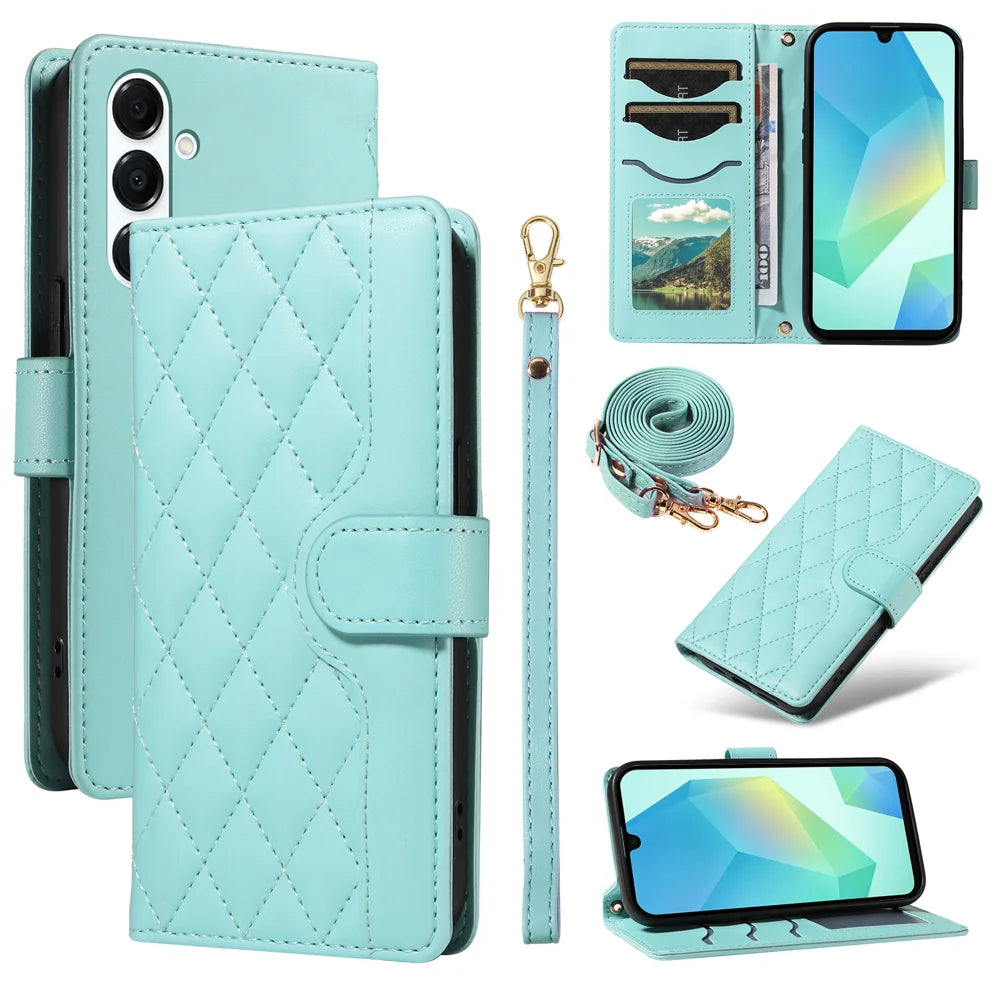 For Samsung Galaxy A18 5G / A17 5G / A26 5G / A16 5G  / A16 4G  Wallet Case Rhombus Leather Phone Cover with Strap - Green - 1