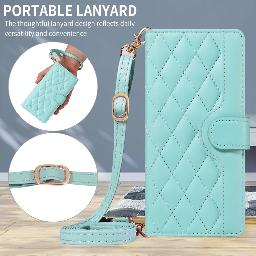 For Samsung Galaxy A25 5G (Global) (161mm) Wallet Case Rhombus Leather Phone Cover with Strap - Green - 3