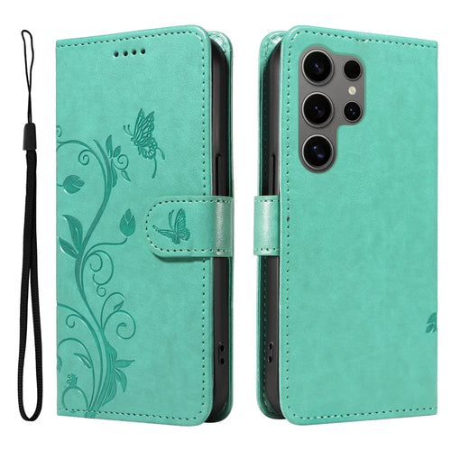 For Samsung Galaxy S25 Ultra PU Leather Cases Flower Pattern Wallet Stand Phone Cover with Strap - Green - 1