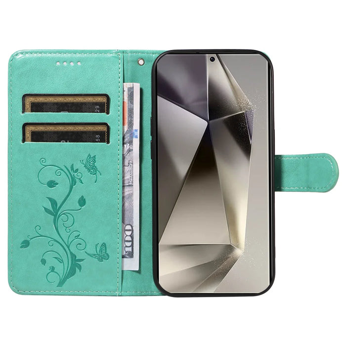 For Samsung Galaxy S25 Ultra PU Leather Cases Flower Pattern Wallet Stand Phone Cover with Strap - Green - 2