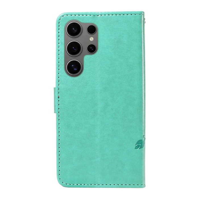 For Samsung Galaxy S25 Ultra PU Leather Cases Flower Pattern Wallet Stand Phone Cover with Strap - Green - 6