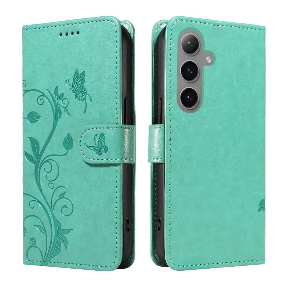 For Samsung Galaxy S24+ / Galaxy S25+ PU Leather Cases Flower Pattern Wallet Stand Phone Cover with Strap - Green - 1