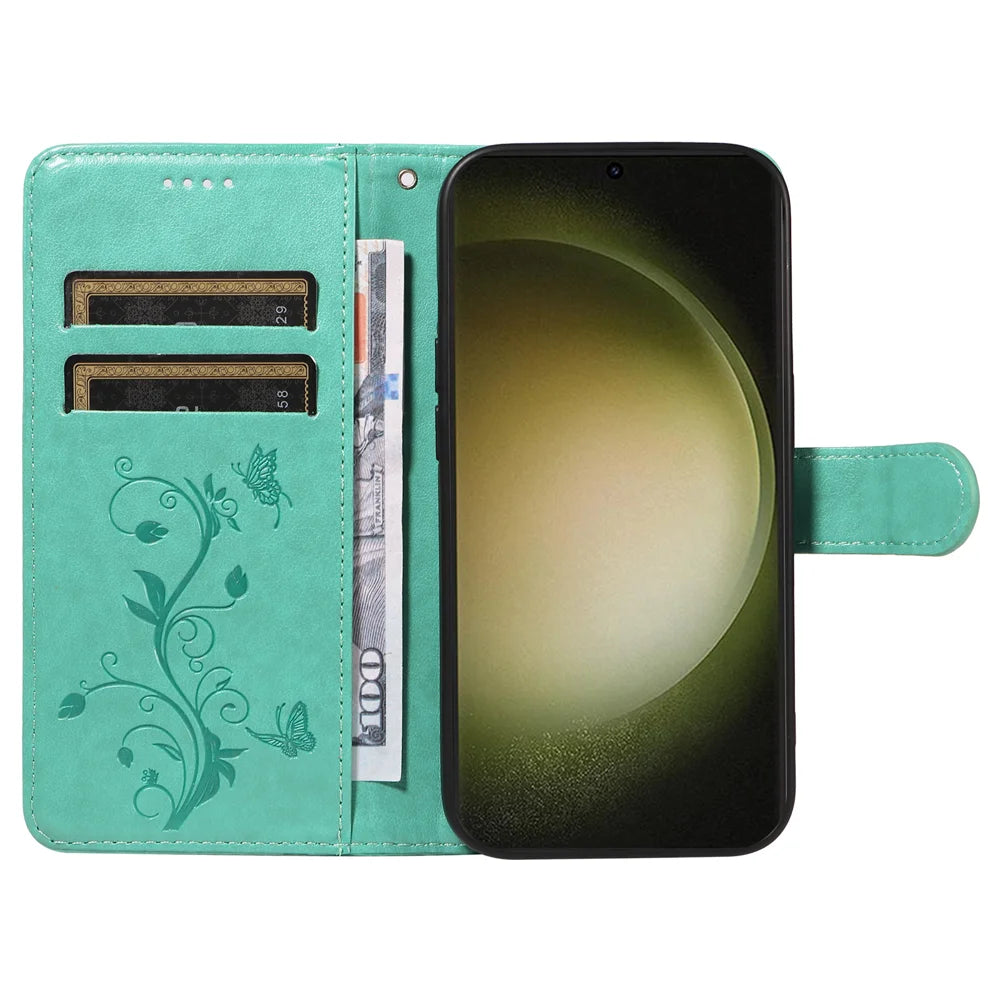 For Samsung Galaxy S24+ / Galaxy S25+ PU Leather Cases Flower Pattern Wallet Stand Phone Cover with Strap - Green - 2
