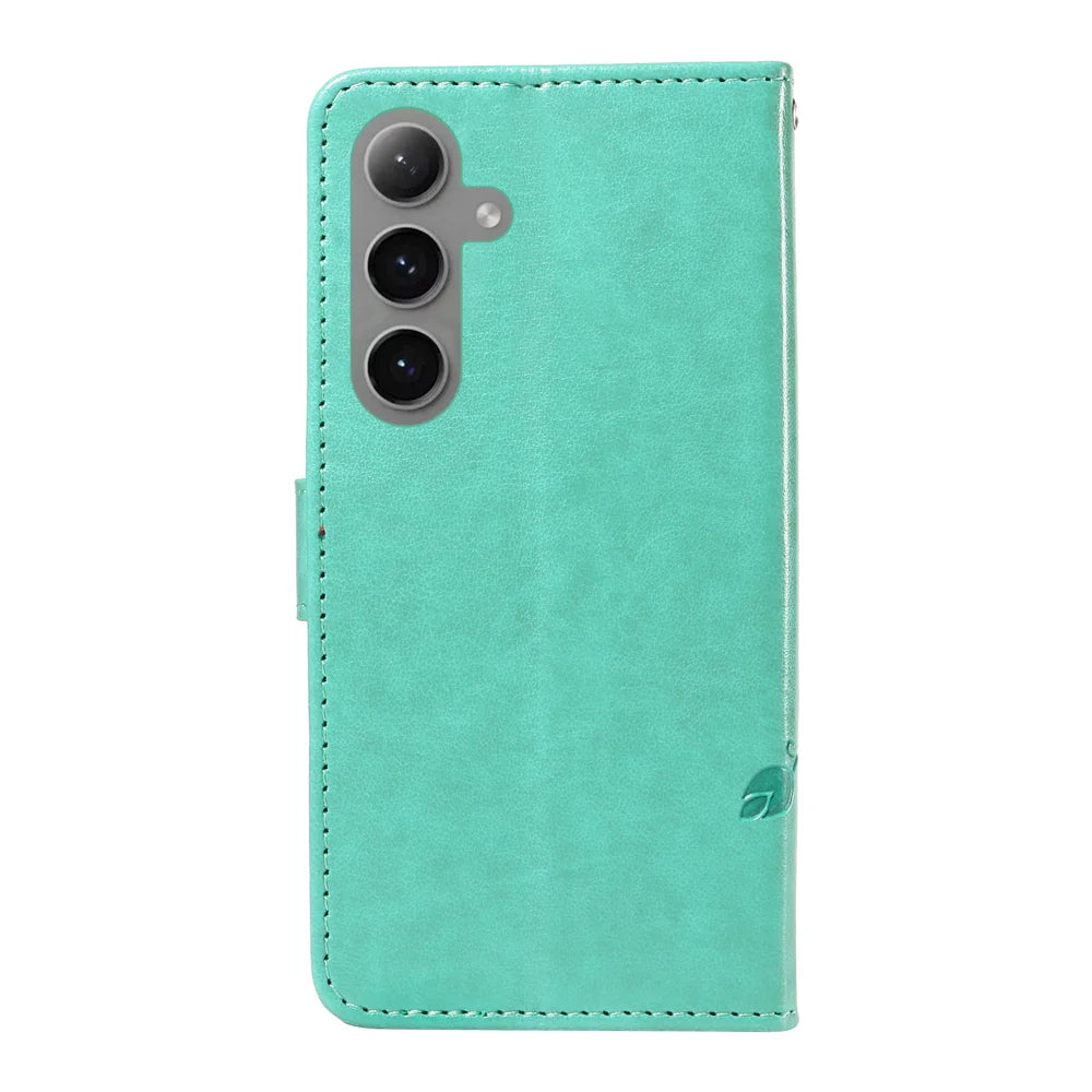 For Samsung Galaxy S24+ / Galaxy S25+ PU Leather Cases Flower Pattern Wallet Stand Phone Cover with Strap - Green - 6