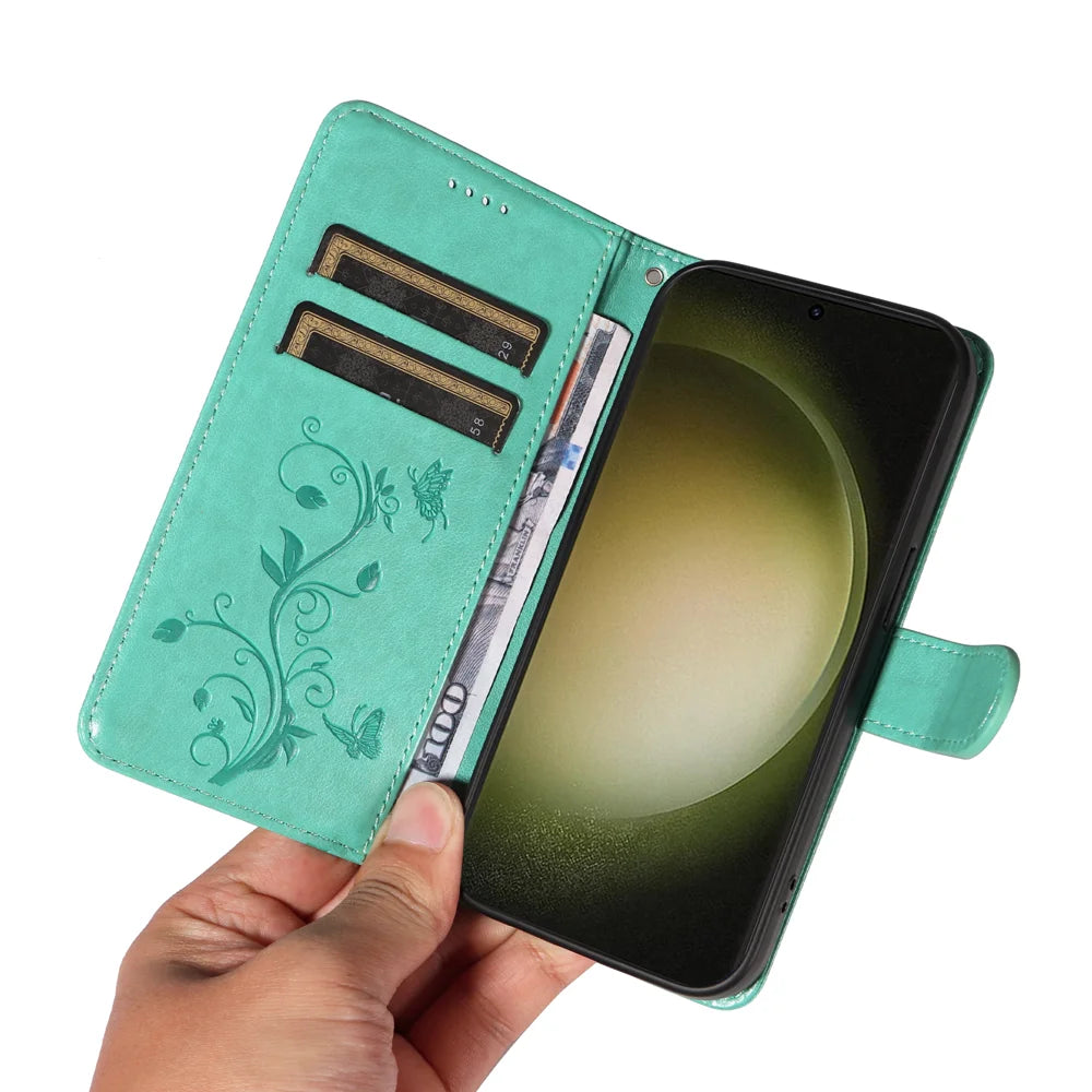 For Samsung Galaxy S24+ / Galaxy S25+ PU Leather Cases Flower Pattern Wallet Stand Phone Cover with Strap - Green - 7
