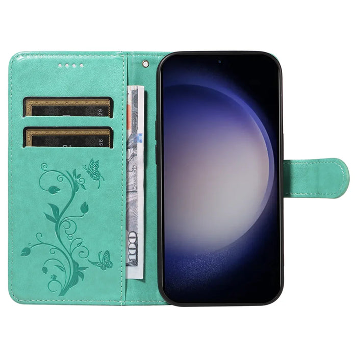 For Samsung Galaxy S24 / Galaxy S25 PU Leather Cases Flower Pattern Wallet Stand Phone Cover with Strap - Green - 2