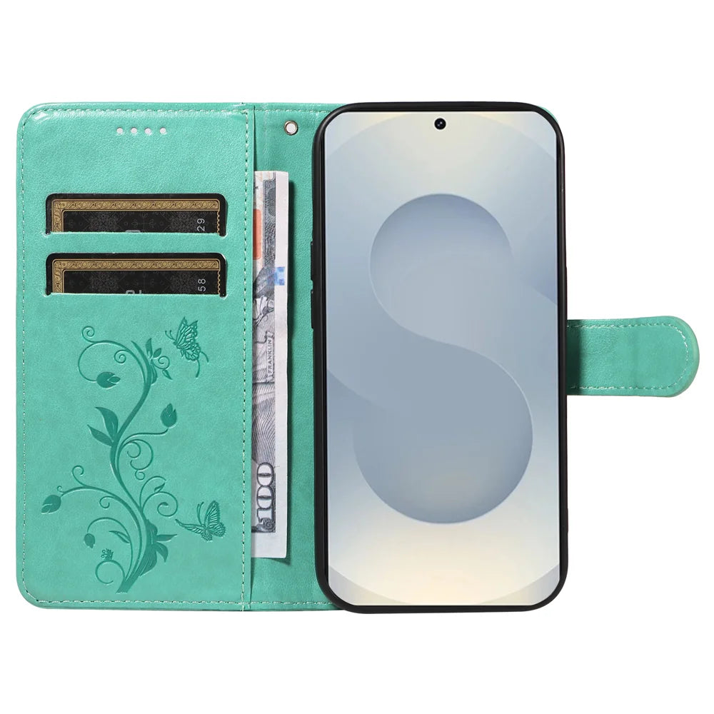 For Samsung Galaxy S25 Edge PU Leather Cases Flower Pattern Wallet Stand Phone Cover with Strap - Green - 2