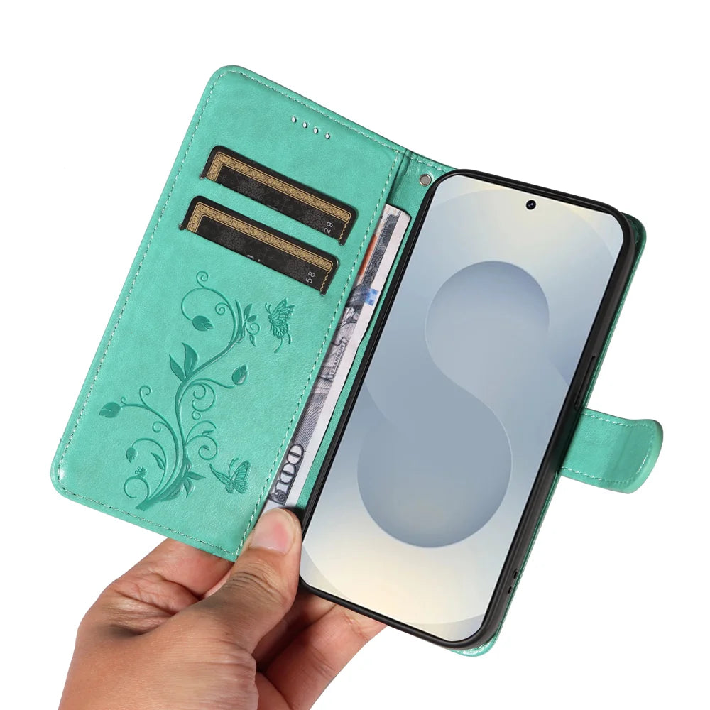 For Samsung Galaxy S25 Edge PU Leather Cases Flower Pattern Wallet Stand Phone Cover with Strap - Green - 7