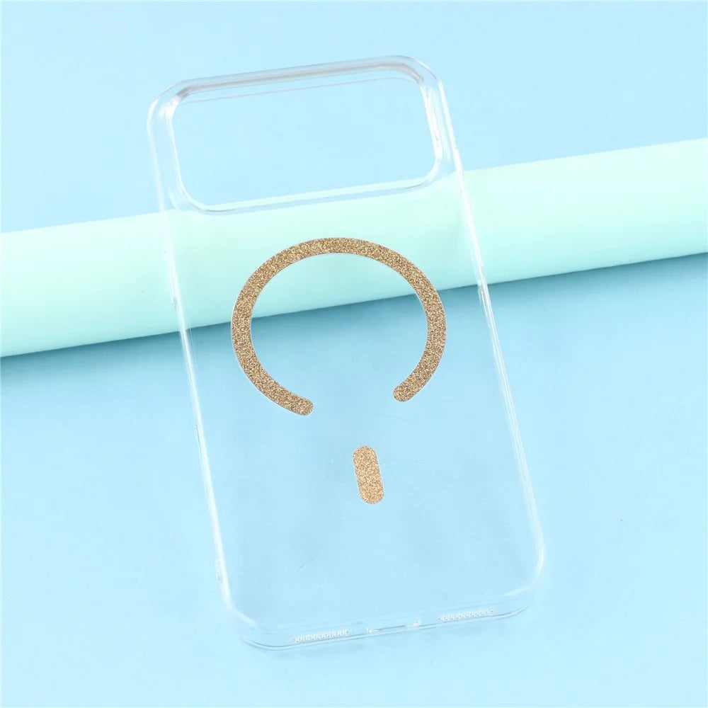 For iPhone 17 Pro Max Magnetic Case Glitter Ring 1.5mm Hard PC Clear Phone Cover - Gold - 6
