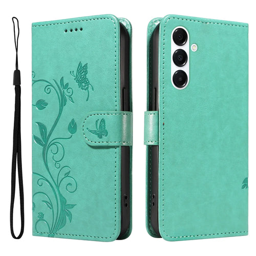 For Samsung Galaxy A18 5G / A17 5G / A26 5G / A16 5G  / A16 4G  PU Leather Cases Flower Pattern Wallet Stand Phone Cover with Strap - Green - 1