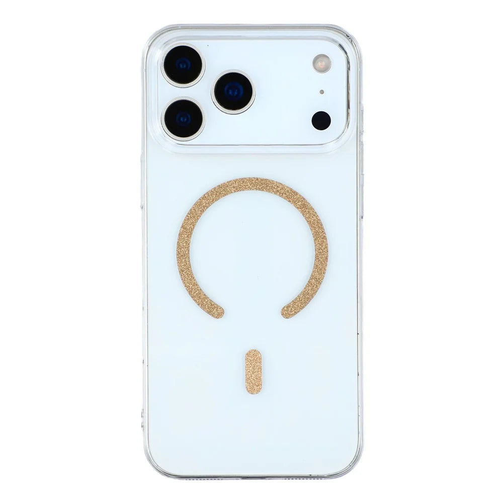 For iPhone 17 Pro Magnetic Case Glitter Ring 1.5mm Hard PC Clear Phone Cover - Gold - 1