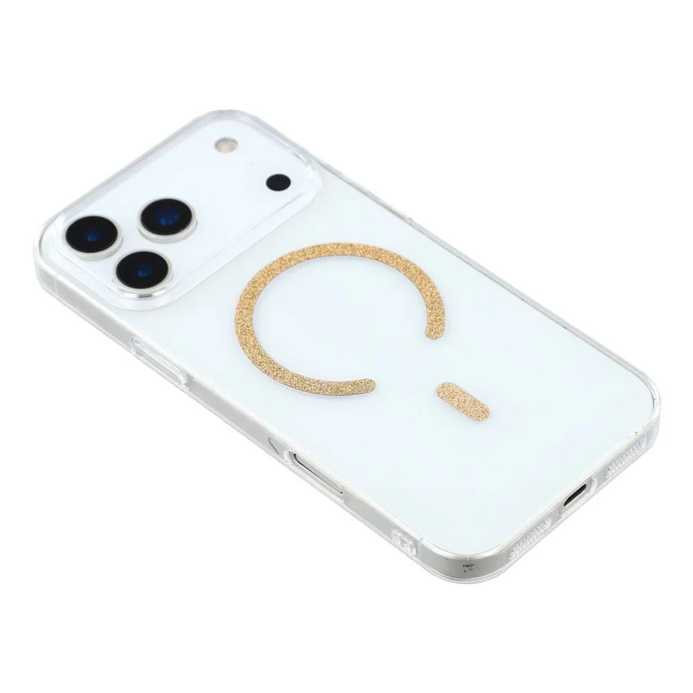 For iPhone 17 Pro Magnetic Case Glitter Ring 1.5mm Hard PC Clear Phone Cover - Gold - 5