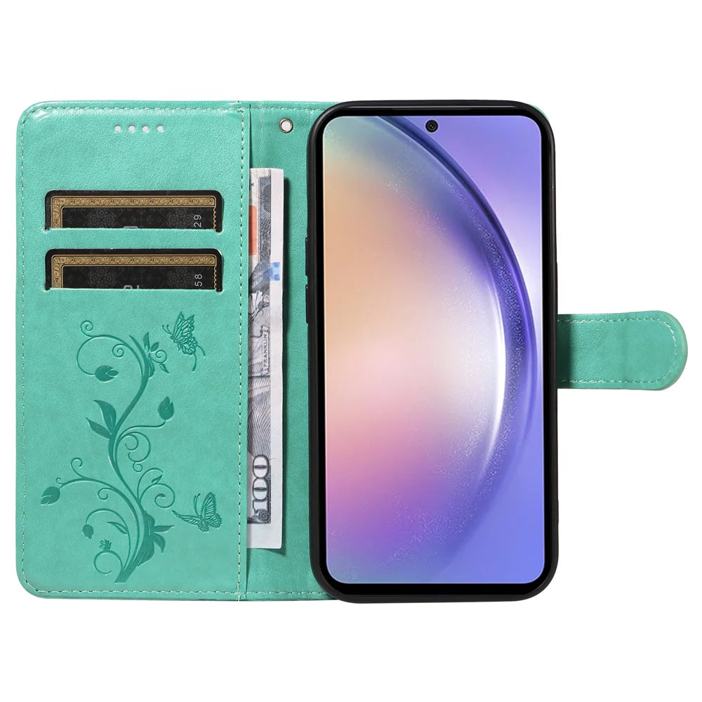 For Samsung Galaxy A54 5G PU Leather Cases Flower Pattern Wallet Stand Phone Cover with Strap - Green - 2