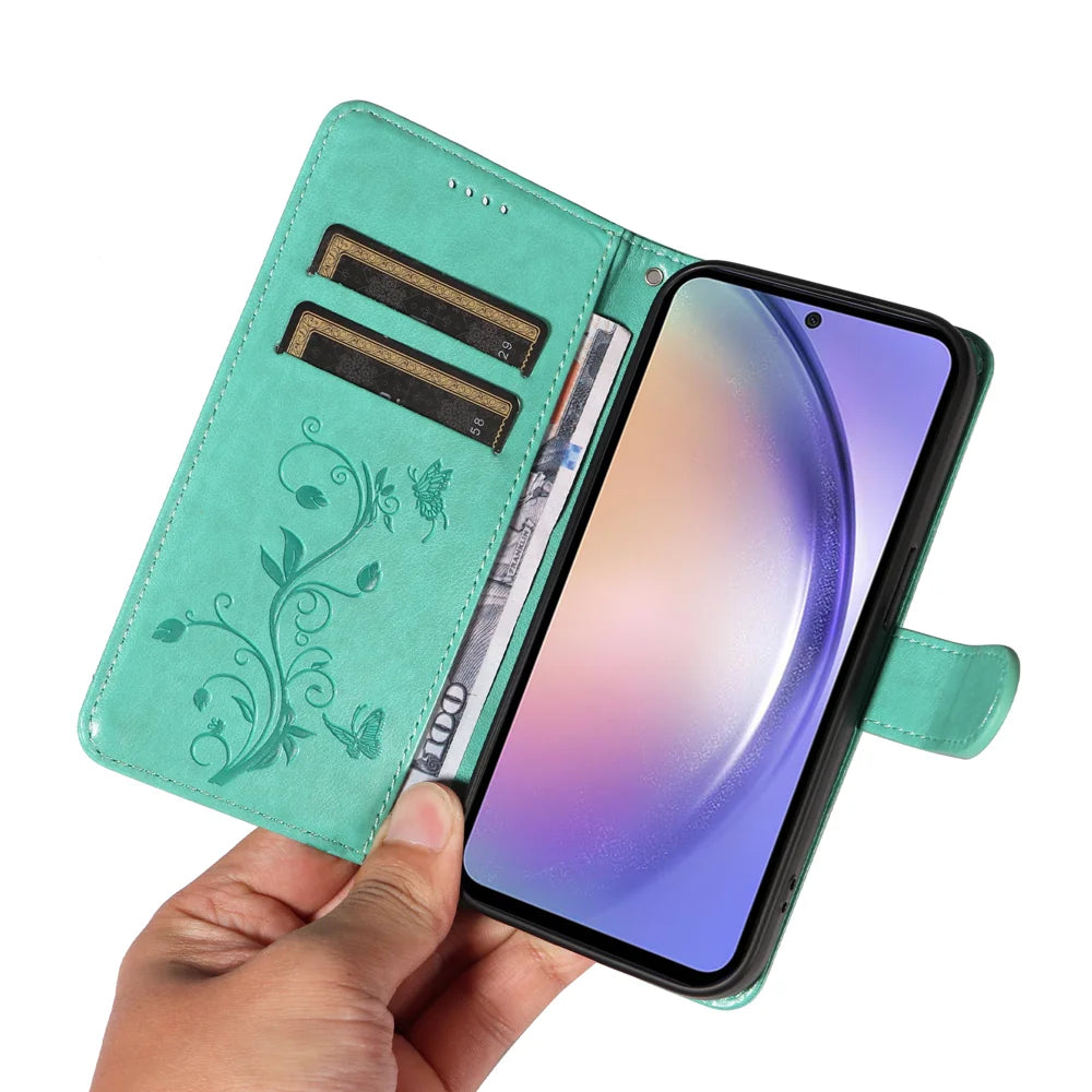 For Samsung Galaxy A54 5G PU Leather Cases Flower Pattern Wallet Stand Phone Cover with Strap - Green - 7