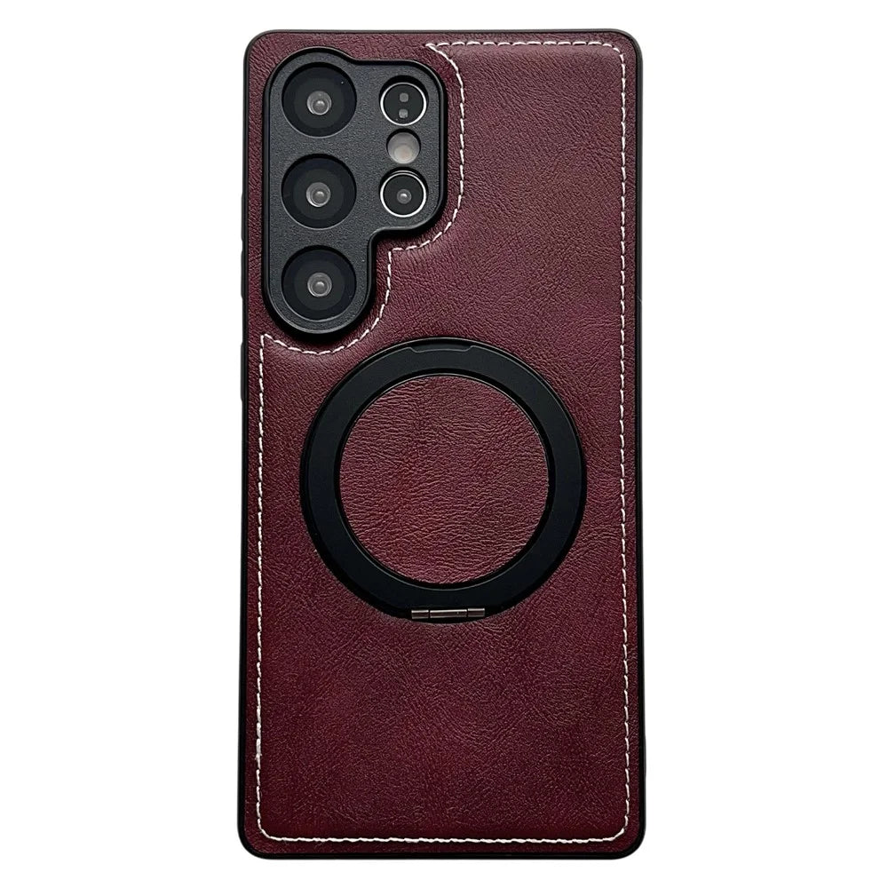 For Samsung Galaxy S25 Ultra Magnetic Case Calf Texture PU + TPU + PC Kickstand Phone Cover - Red - 1