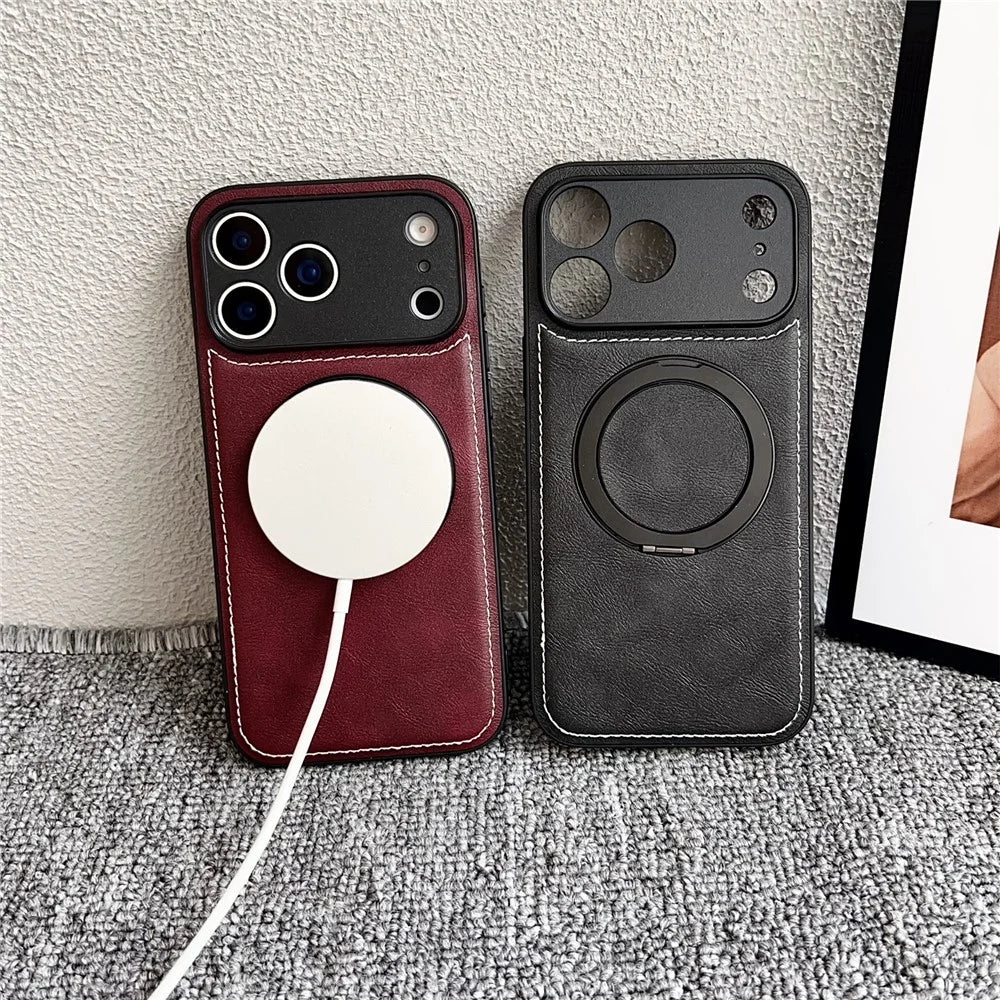 For iPhone 17 Pro Magnetic Case Calf Texture PU + TPU + PC Kickstand Phone Cover - Red - 3