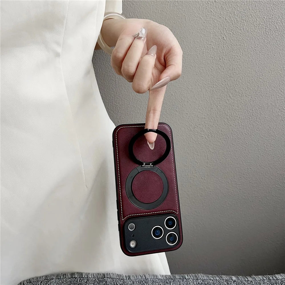 For iPhone 17 Pro Magnetic Case Calf Texture PU + TPU + PC Kickstand Phone Cover - Red - 5