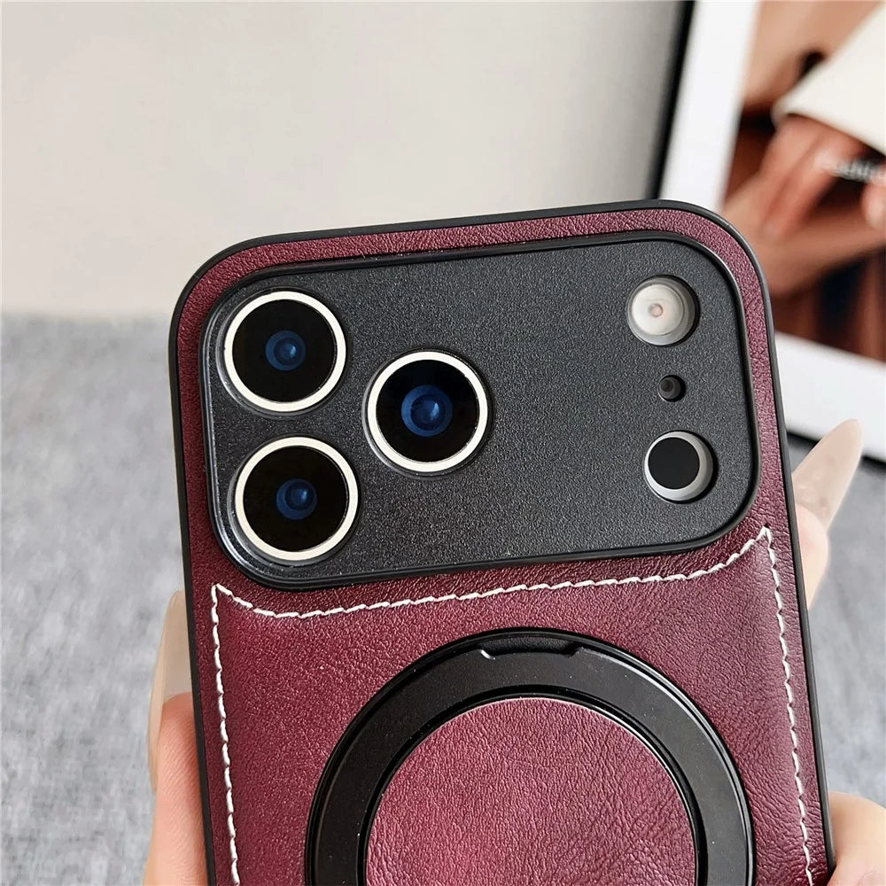 For iPhone 17 Pro Magnetic Case Calf Texture PU + TPU + PC Kickstand Phone Cover - Red - 6