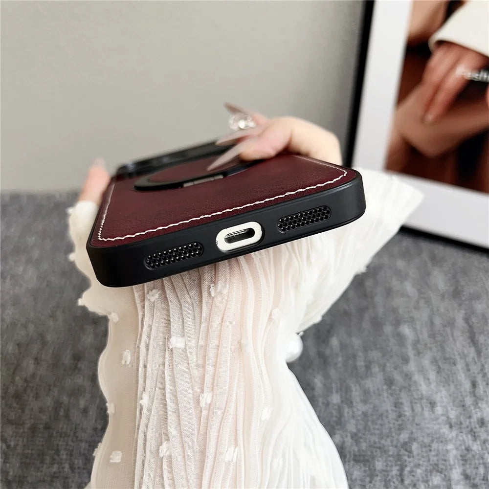For iPhone 17 Pro Magnetic Case Calf Texture PU + TPU + PC Kickstand Phone Cover - Red - 7