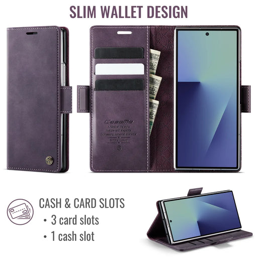 CASEME For Samsung Galaxy Z Fold7 5G Case  033 Series RFID Blocking Wallet Stand Calf Texture Leather Phone Cover - Purple - 2