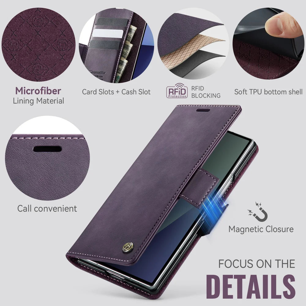 CASEME For Samsung Galaxy Z Fold7 5G Case  033 Series RFID Blocking Wallet Stand Calf Texture Leather Phone Cover - Purple - 3
