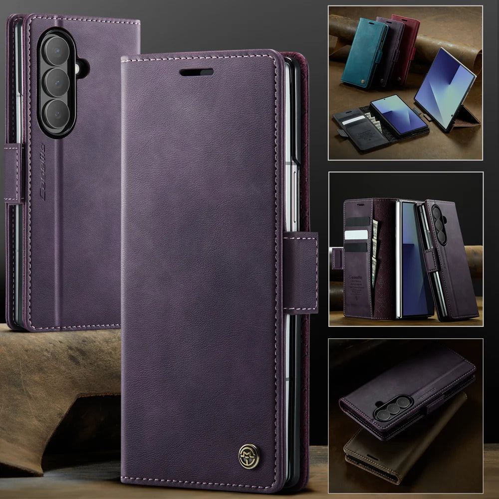 CASEME For Samsung Galaxy Z Fold7 5G Case  033 Series RFID Blocking Wallet Stand Calf Texture Leather Phone Cover - Purple - 4