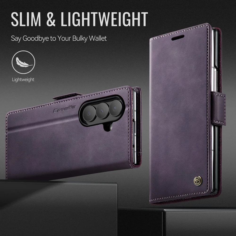 CASEME For Samsung Galaxy Z Fold7 5G Case  033 Series RFID Blocking Wallet Stand Calf Texture Leather Phone Cover - Purple - 7