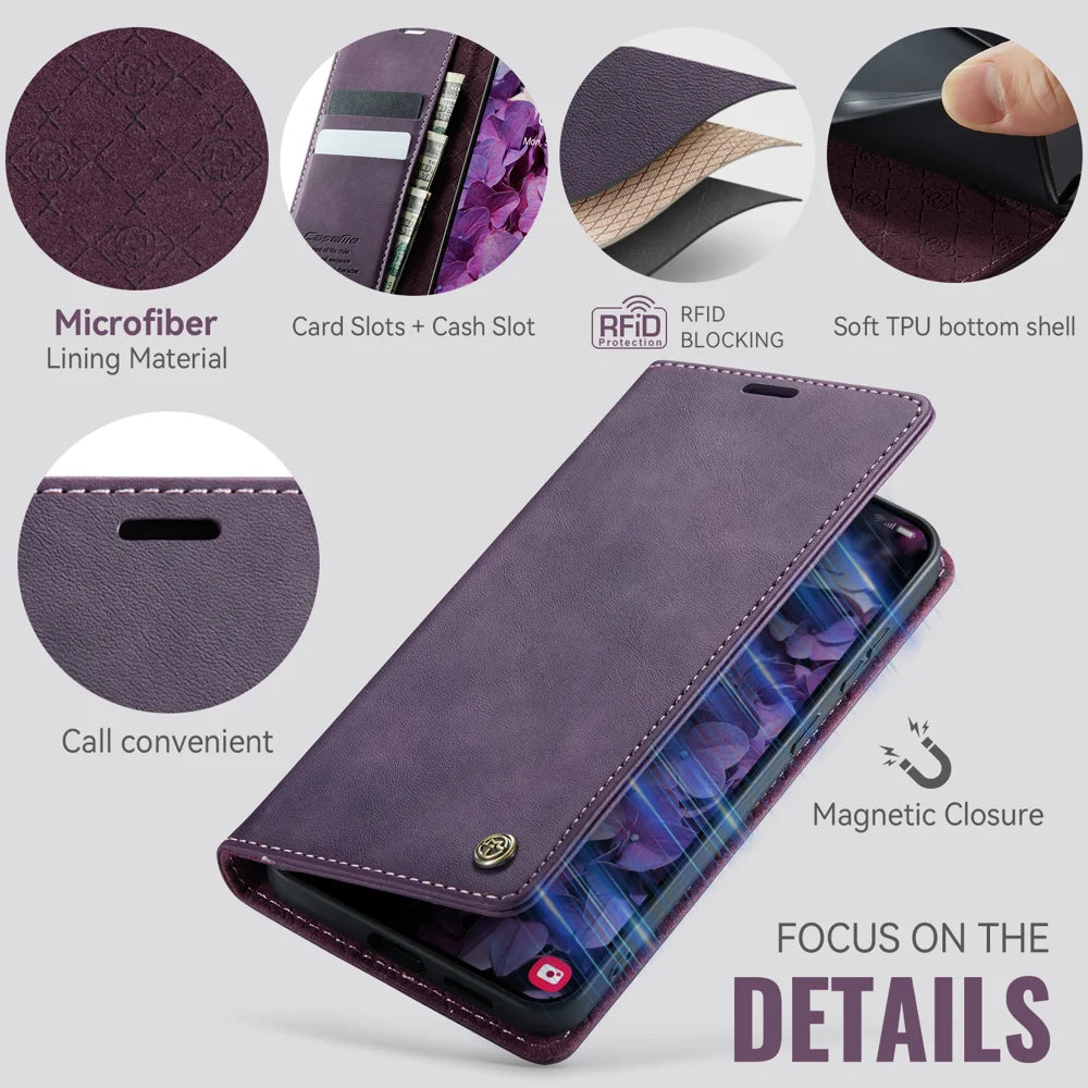 CASEME For Samsung Galaxy S25 FE Case  033 Series RFID Blocking Wallet Stand Calf Texture Leather Phone Cover - Purple - 3
