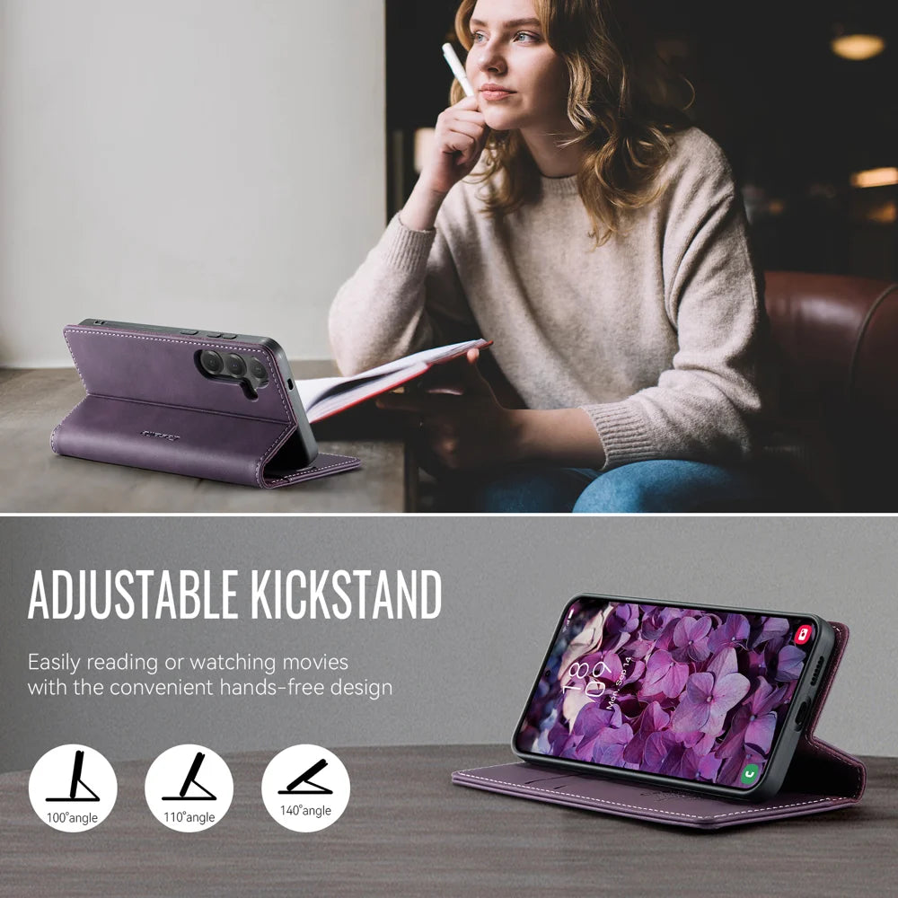 CASEME For Samsung Galaxy S25 FE Case  033 Series RFID Blocking Wallet Stand Calf Texture Leather Phone Cover - Purple - 5
