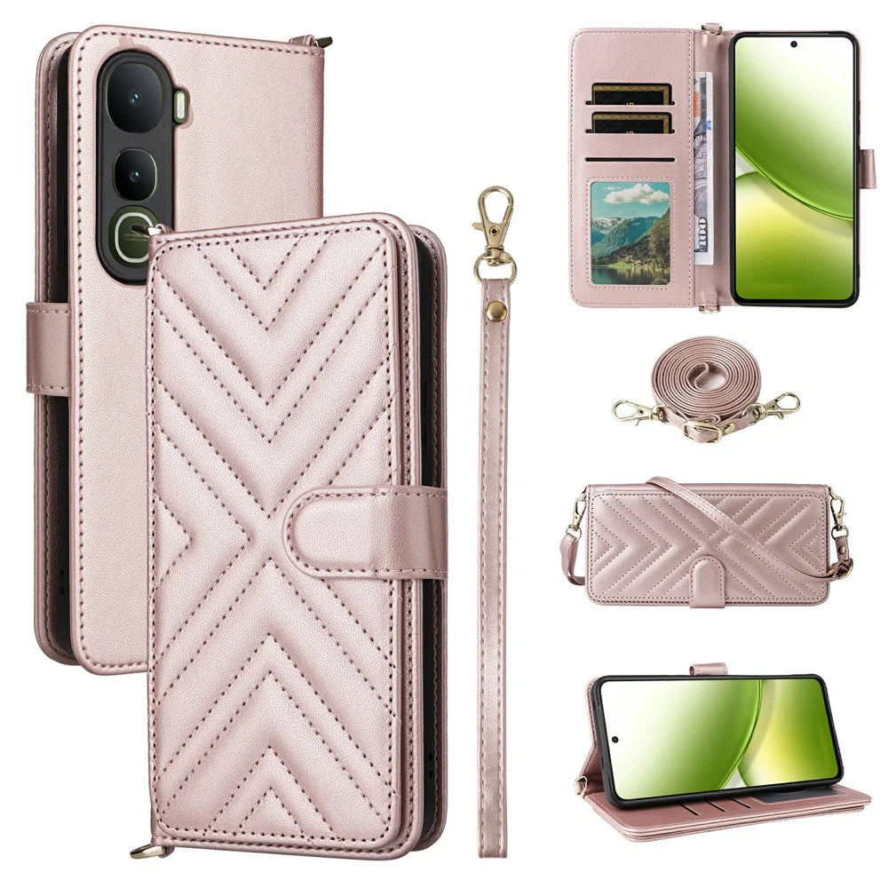 For vivo Y400 4G / Y400 5G Case with Shoulder  /  Wrist Strap Leather Phone Cover Stand Wallet - Pink - 1