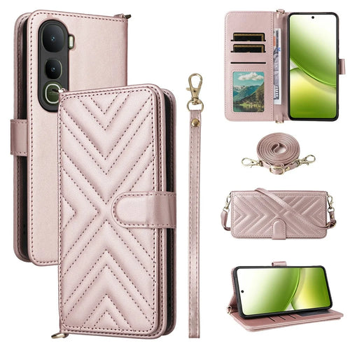 For vivo Y400 4G / Y400 5G Case with Shoulder  /  Wrist Strap Leather Phone Cover Stand Wallet - Pink - 1