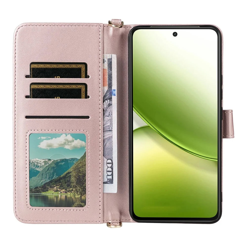 For vivo Y400 4G / Y400 5G Case with Shoulder  /  Wrist Strap Leather Phone Cover Stand Wallet - Pink - 3