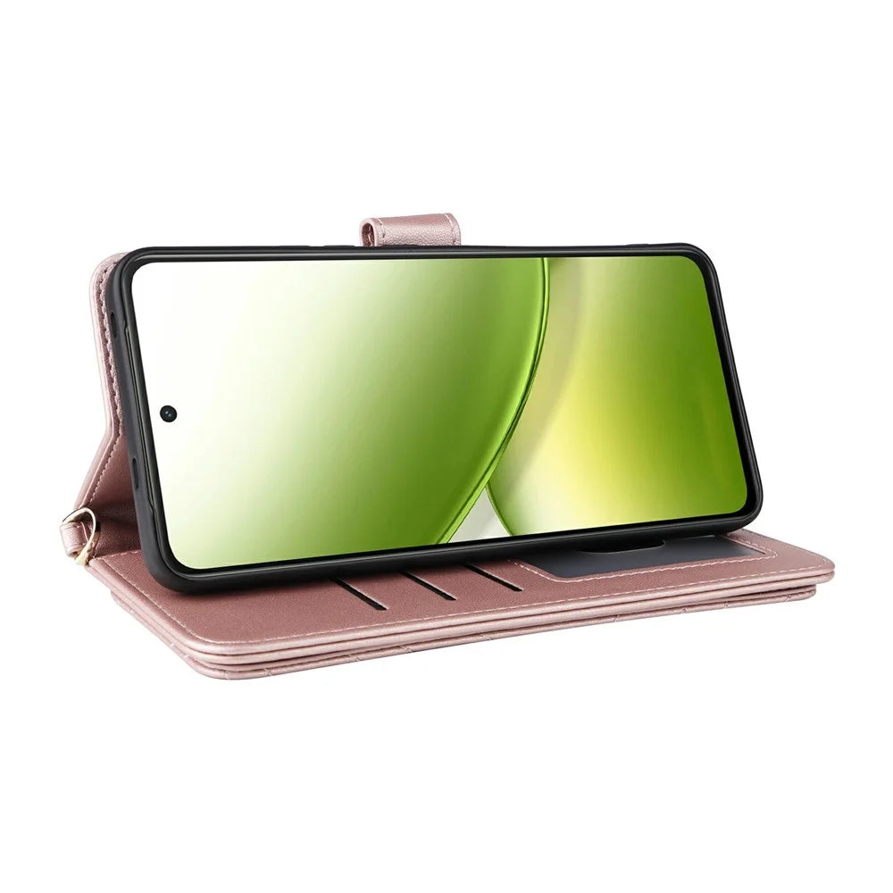 For vivo Y400 4G / Y400 5G Case with Shoulder  /  Wrist Strap Leather Phone Cover Stand Wallet - Pink - 5