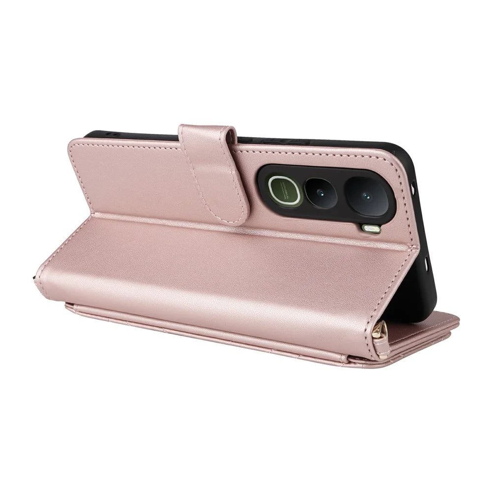 For vivo Y400 4G / Y400 5G Case with Shoulder  /  Wrist Strap Leather Phone Cover Stand Wallet - Pink - 6