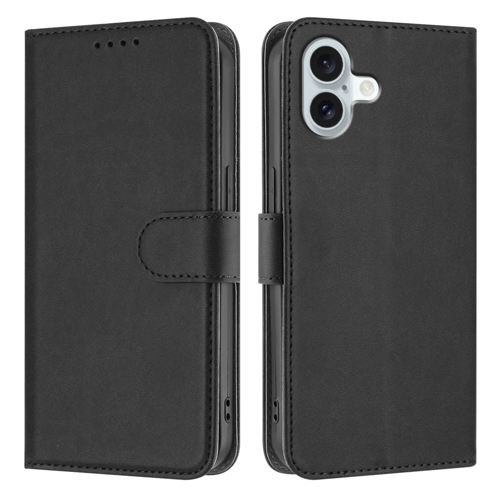 For iPhone 16 Plus Leather Case Solid Color Phone Cover with Wallet - Black - 1