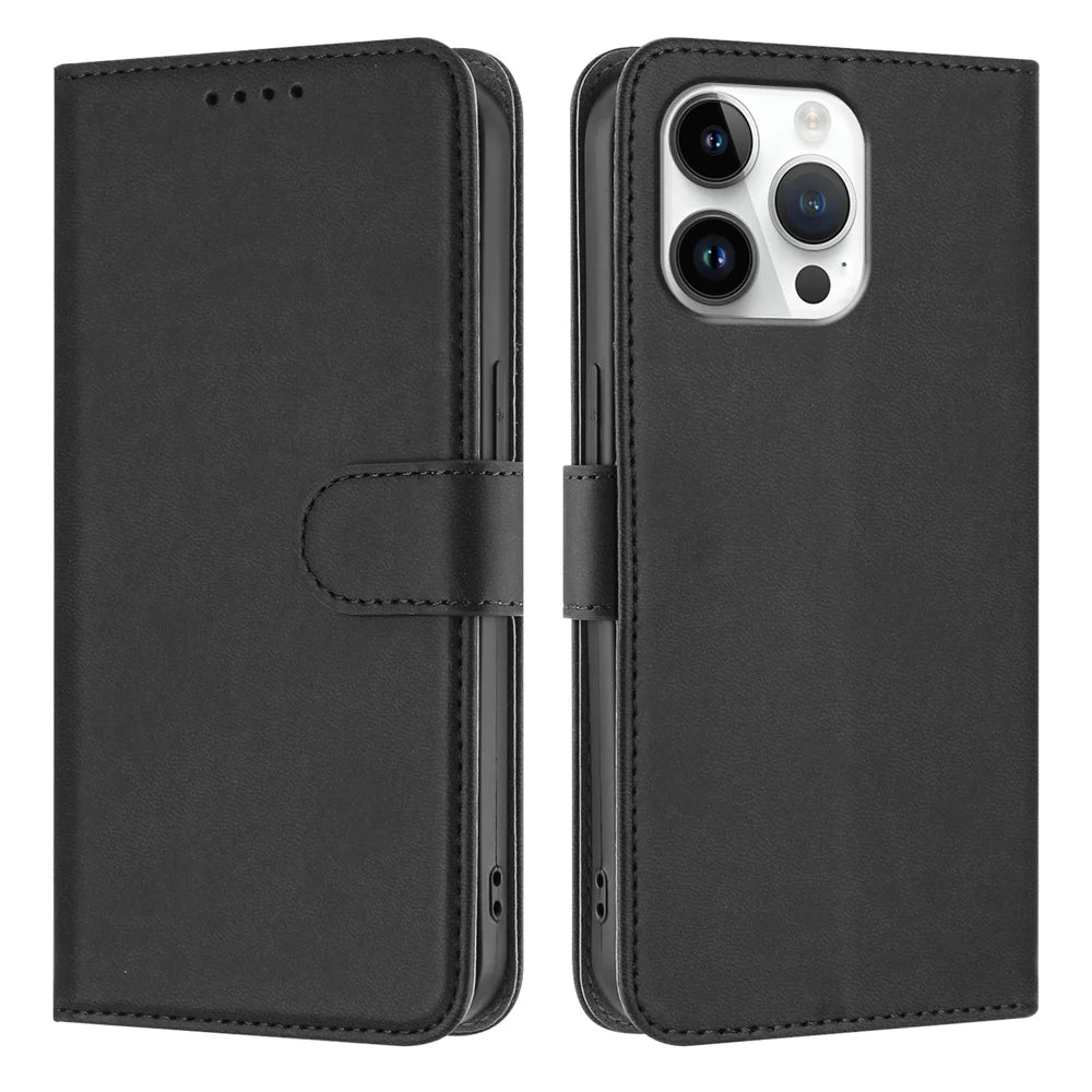 For iPhone 16 Pro Max Leather Case Solid Color Phone Cover with Wallet - Black - 1
