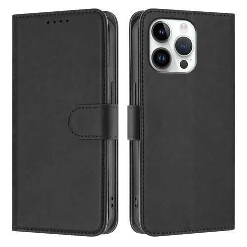 For iPhone 16 Pro Max Leather Case Solid Color Phone Cover with Wallet - Black - 1