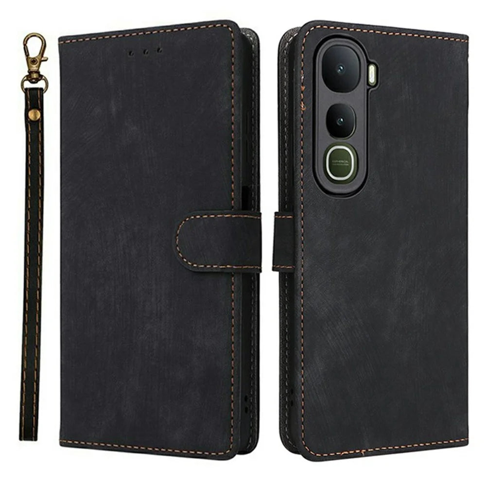 For vivo Y400 5G / 4G Case Wallet RFID Blocking PU Leather Phone Cover Stand with Strap - Black - 1