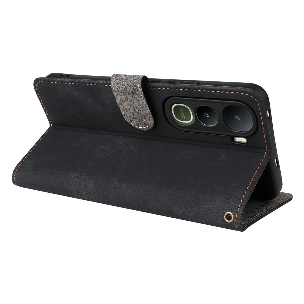 For vivo Y400 5G / 4G Case Wallet RFID Blocking PU Leather Phone Cover Stand with Strap - Black - 5