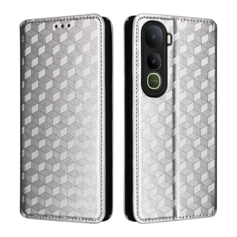 For vivo Y400 5G  /  4G Case Wallet Rhombus Imprinted Leather Phone Cover - Silver - 1