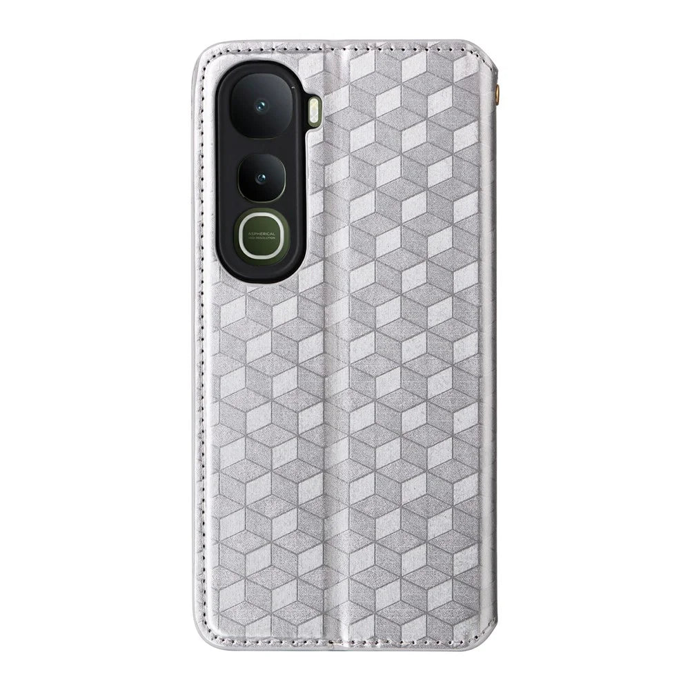 For vivo Y400 5G  /  4G Case Wallet Rhombus Imprinted Leather Phone Cover - Silver - 7