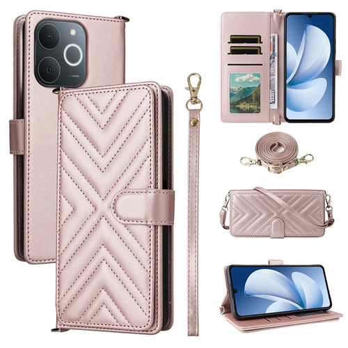 Leather Case for Realme Note 70T 4G / Note 70 4G / Narzo 80 Lite 4G / Realme C71 4G (India) Stand Wallet Phone Cover with Shoulder / Wrist Strap - Pink - 1