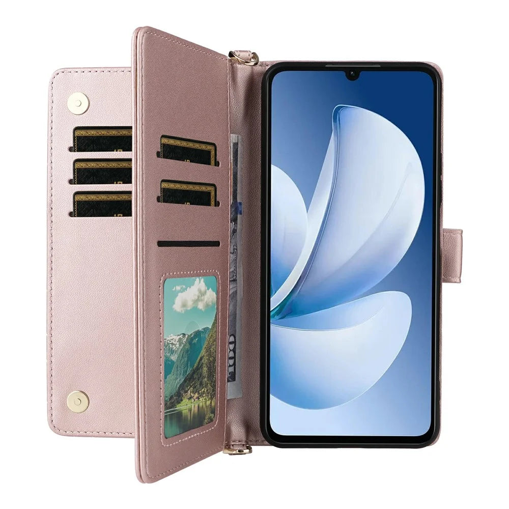 Leather Case for Realme Note 70T 4G / Note 70 4G / Narzo 80 Lite 4G / Realme C71 4G (India) Stand Wallet Phone Cover with Shoulder / Wrist Strap - Pink - 2