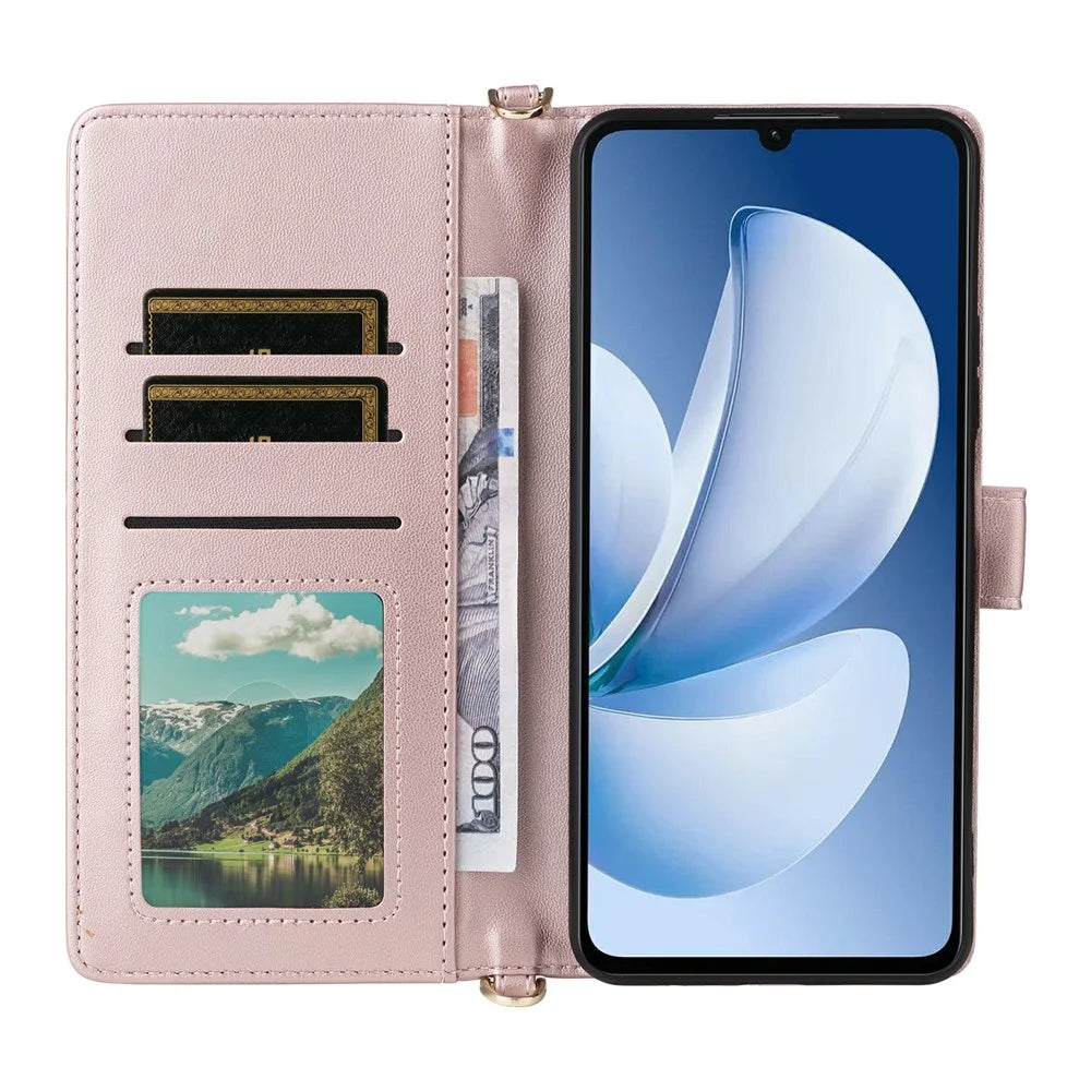 Leather Case for Realme Note 70T 4G / Note 70 4G / Narzo 80 Lite 4G / Realme C71 4G (India) Stand Wallet Phone Cover with Shoulder / Wrist Strap - Pink - 3