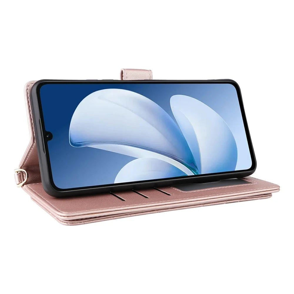 Leather Case for Realme Note 70T 4G / Note 70 4G / Narzo 80 Lite 4G / Realme C71 4G (India) Stand Wallet Phone Cover with Shoulder / Wrist Strap - Pink - 5