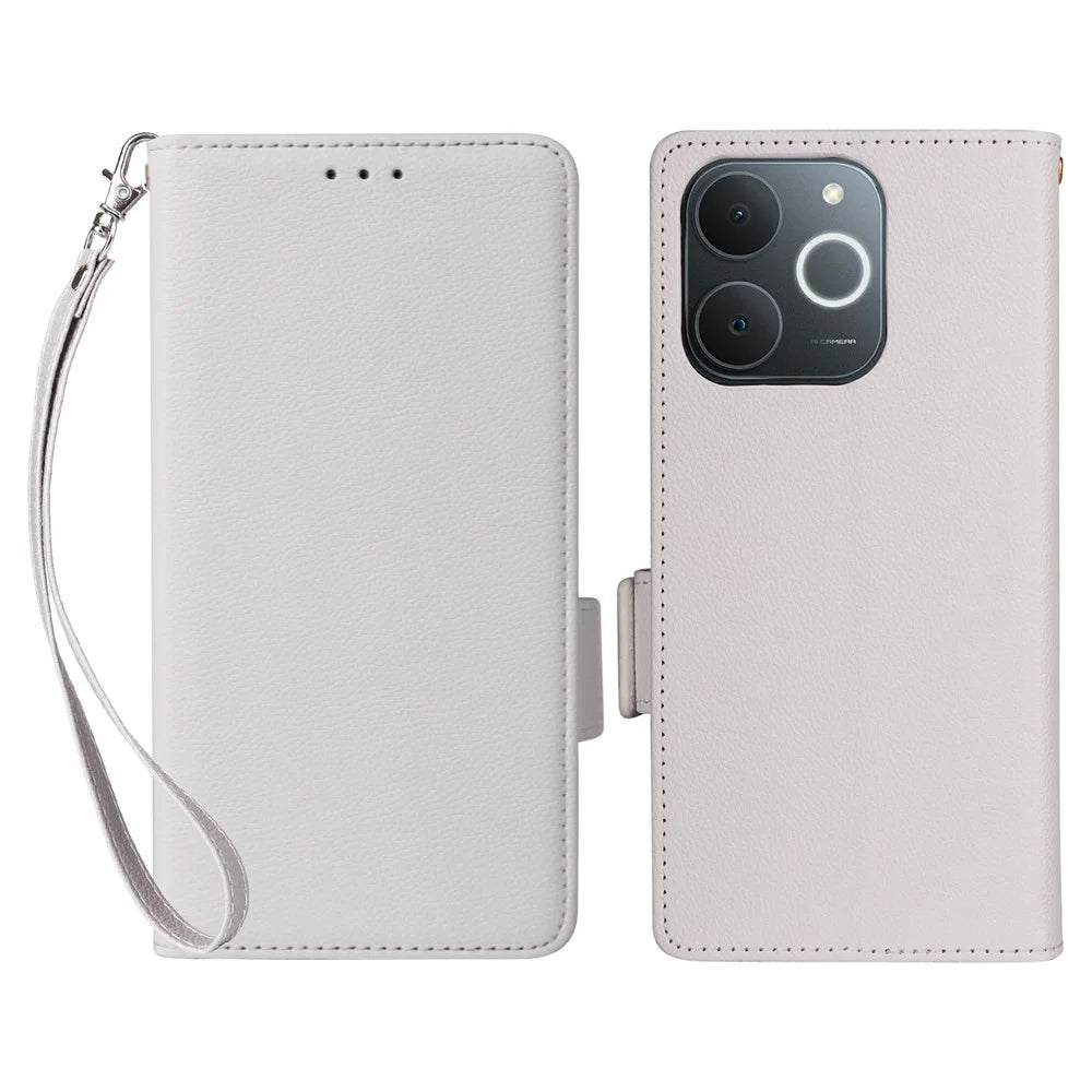 Leather Case for Realme Note 70T 4G / Note 70 4G / Narzo 80 Lite 4G / Realme C71 4G (India) Litchi Texture Wallet Phone Cover with Wrist Strap - White - 1