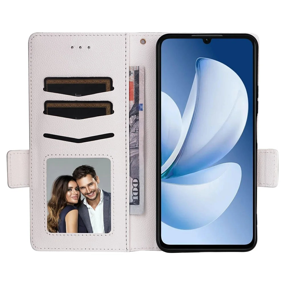 Leather Case for Realme Note 70T 4G / Note 70 4G / Narzo 80 Lite 4G / Realme C71 4G (India) Litchi Texture Wallet Phone Cover with Wrist Strap - White - 2
