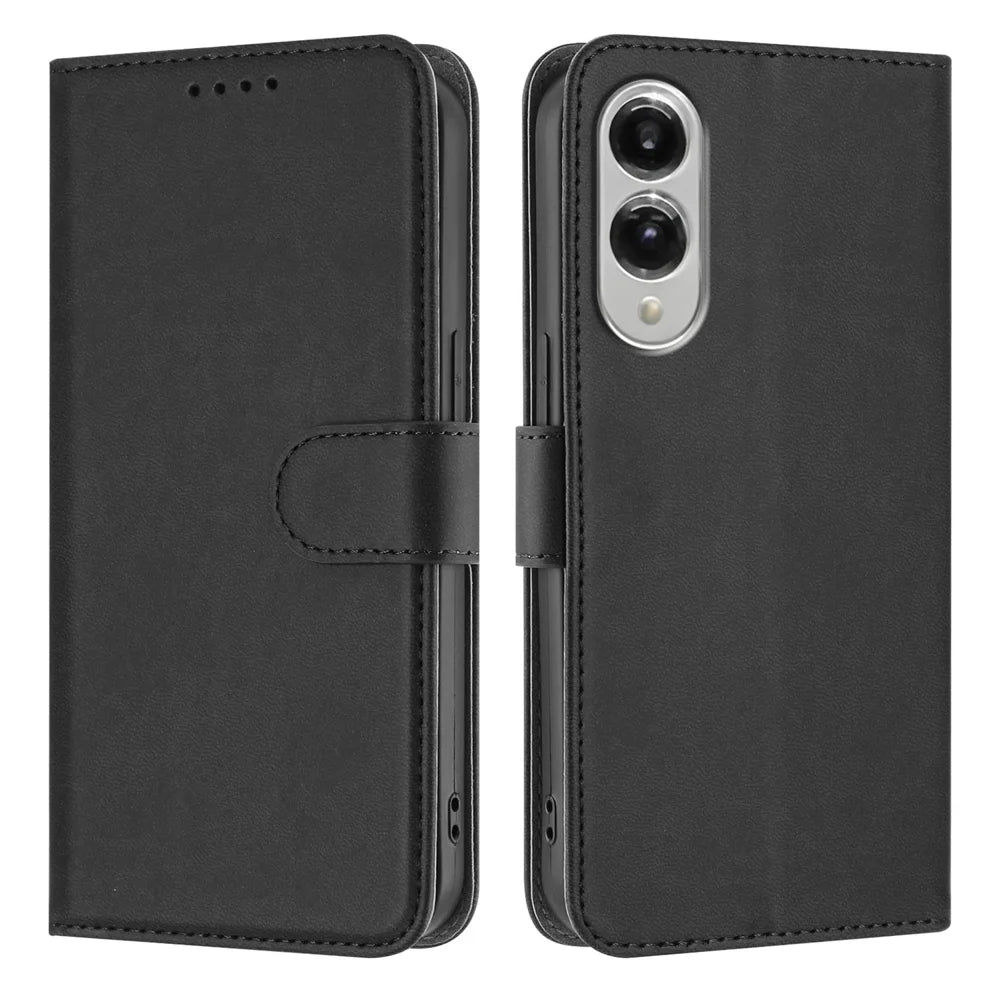 For Samsung Galaxy S25 Edge Leather Case Solid Color Phone Cover with Wallet - Black - 1