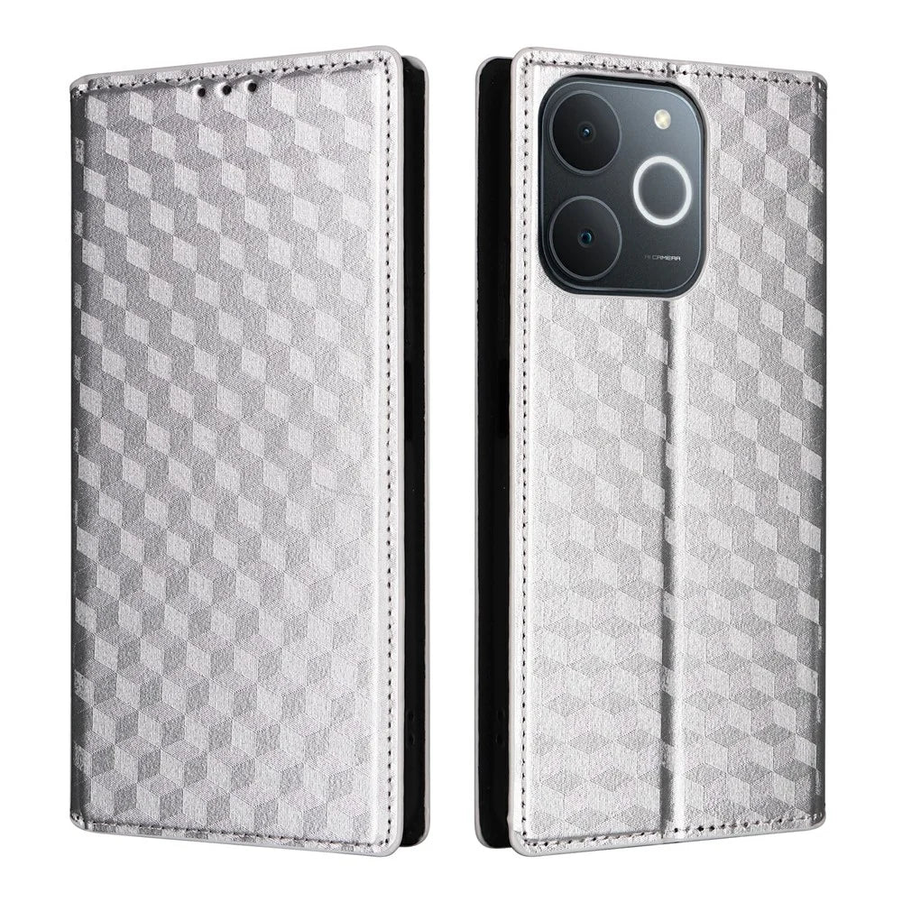 Leather Case for Realme Note 70T 4G / Note 70 4G / Narzo 80 Lite 4G / Realme C71 4G (India) Wallet Rhombus Imprinted Phone Cover - Silver - 1